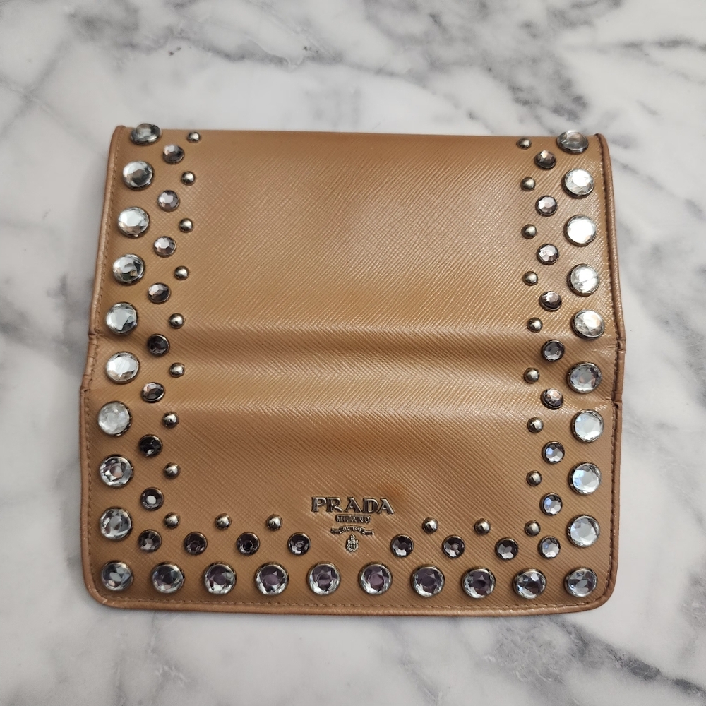 Authentic PRADA Saffiano Patent Leather Vernice Crystal Studded Flap Long Wallet - Picture 7 of 11